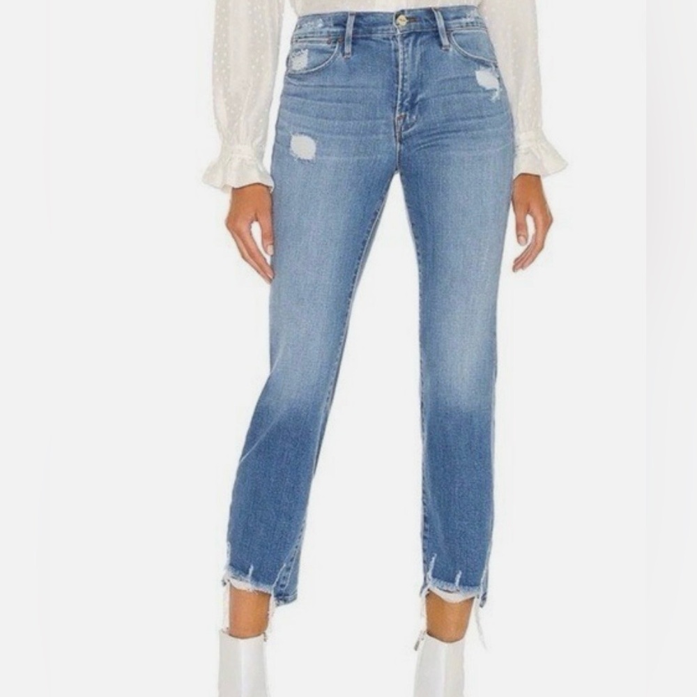 FRAME Le High‎ Straight Ankle Jeans Laskey Rips Size 27 Raw Hem Distressed